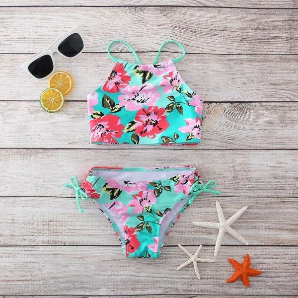 

summer girls swimwear peony print toddler baby kids sleeveless swimsuit two piece beach sport halter bikini outfits 8-13 years one-pieces, Black