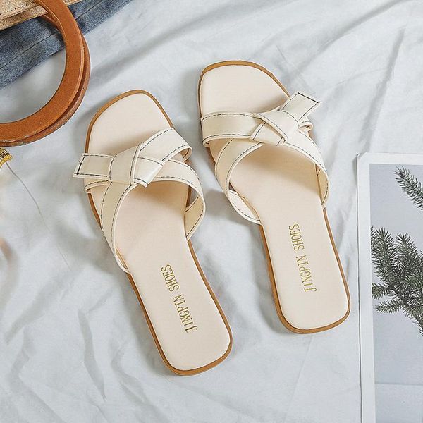 

slippers bow summer sandals slipper women open toe flat casual slides outdoor beach female elegant soft flip flop big size, Black