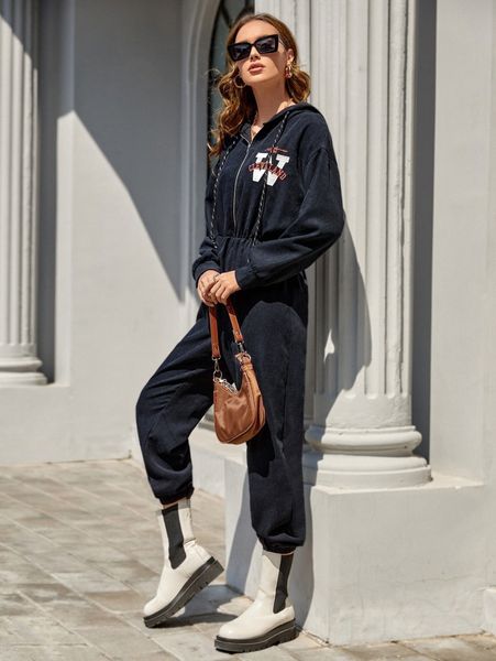 

letter embroidery drop shoulder drawstring hooded jumpsuit 48cm#, White