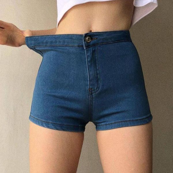 

solid high waist tight shortswomen elastic a-line cotton thin shorts women fashion plus size slim street jeans 2021 summer women's, Blue
