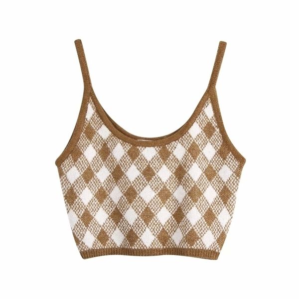 Vintage stilvolle braune Argyle-Muster Camis Tops Frauen Sexy Mode Straps Tops weibliche schicke Camisole 210625