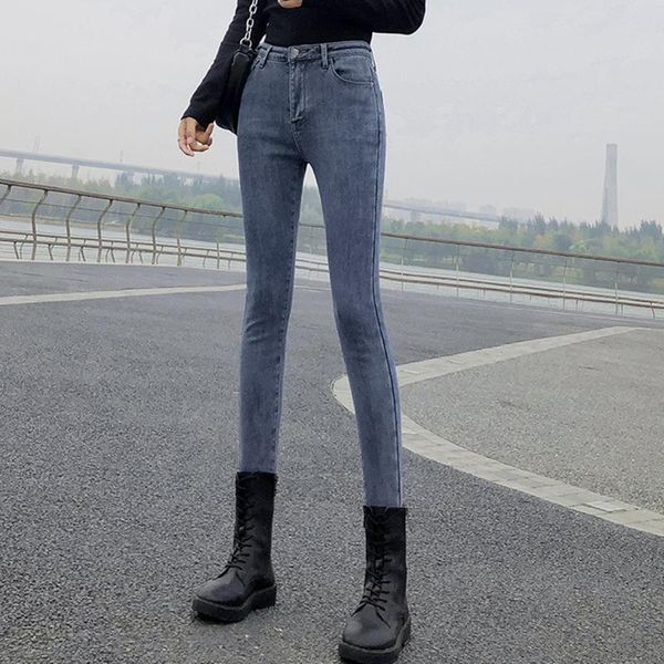 

women's jeans fall/winter stretch slim feet high waist pants women korean trend trousers plus velvet thickening, Blue