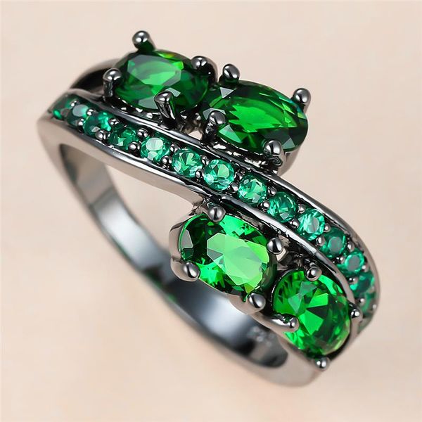 

wedding rings vintage female green crystal stone ring charm 14kt black gold for women luxury oval round zircon engagement, Slivery;golden