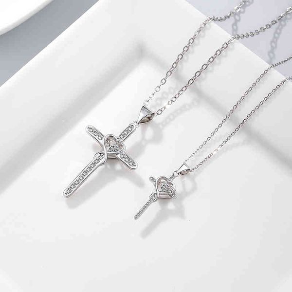 

s925 sterling silver love shaped cross necklace men's fashion pendant women's clavicle chain lovers christ jesus jewelry gift