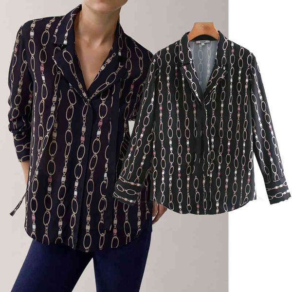 

women's blouses & shirts new women fashion chain printing turn-down collar long sleeve chiffon blouse shirt casual loose u75f, White