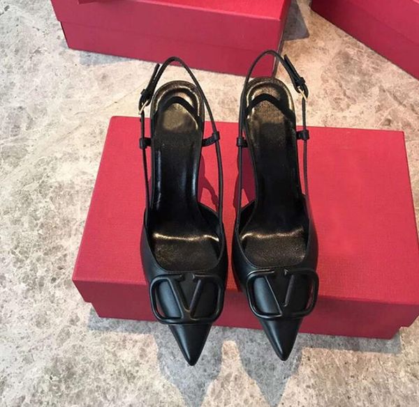

sandals 2021 brand summer women high heel pointed genuine leather v metal buckle 4cm thin fashion wedding shoes 34-43 bag, Black