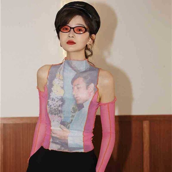 

women's t-shirt designer mesh long sleeve tshirt turtleneck t women see through tee femme summer fashion sjdd, White