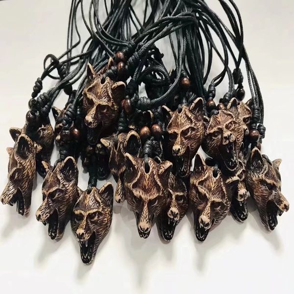 

12 pcs hawaiian style imitation yak bone wolf head carved pendant necklace tribal choker gift, Silver