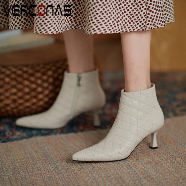 

boots verconas genuine leather ankle for women pointed toe high heels shoes woman embroider zipper concise office lady, Black