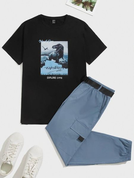 

men dinosaur & slogan graphic tee & belted cargo pants set k1k4#, Gray