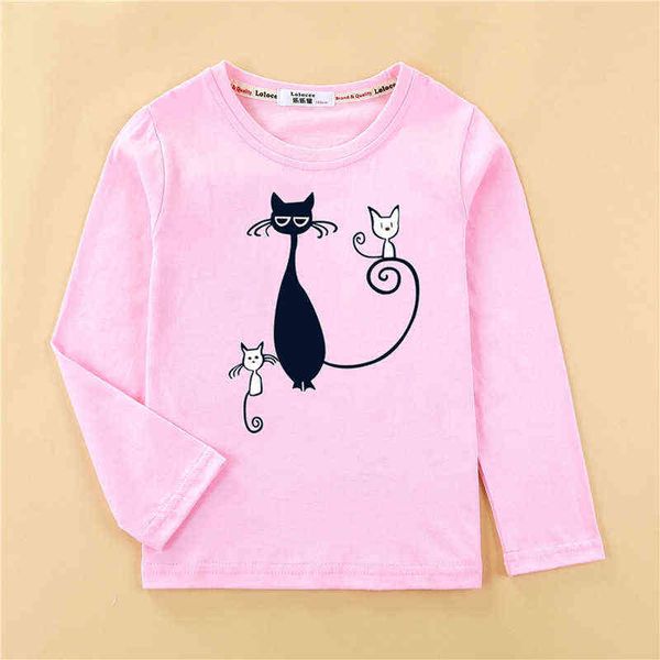 Bedruckte T-Shirts, Kätzchenmuster, Mädchen-T-Shirt, modische langärmelige Kleidung, niedliches Katzen-Design, Baby-Mädchen-Tops, volle Baumwolle, Kinder-T-Shirt G1224