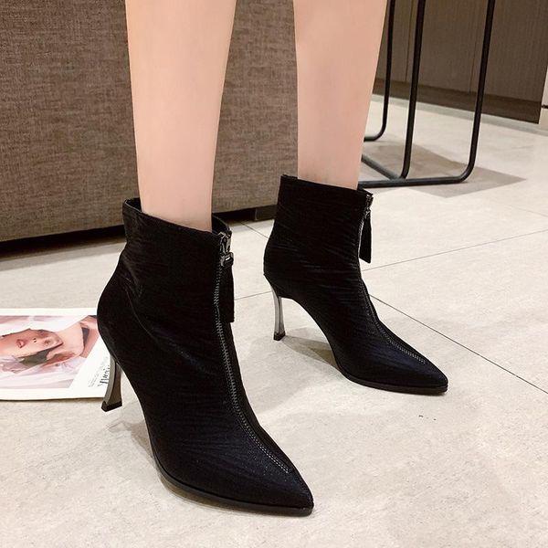 

boots heel autumn 2021 high front zipper nude short women's slim tube pointed, Black