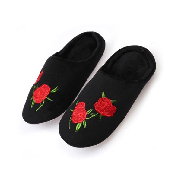 

slippers for women embroidery rose flower indoor floor shoes soft bottom half pack cozy couple home men's, Black