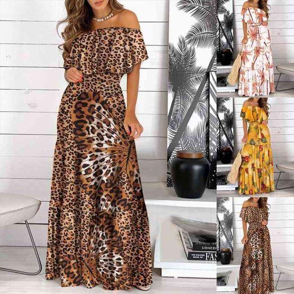 

summer fashion leopard robe print long dress ruffle maxi sundress bohemian women casual elegant strapless vestidos, Black;gray