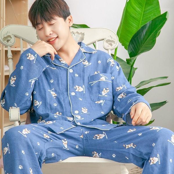 

men's sleepwear blue cotton pajamas suit 2pcs nightwear men print cartoon shirt&pants nightgown homewear intimate lingerie sleep set, Black;brown