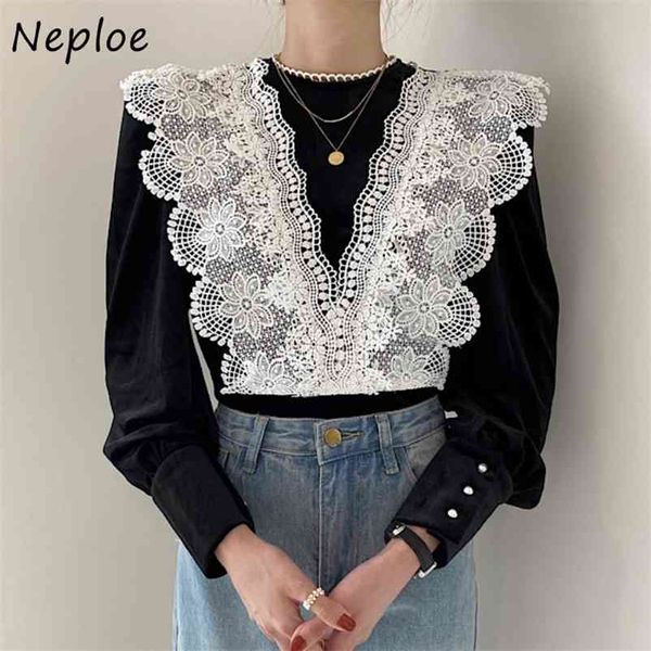 

elegant lace patchwork heavy work blouse women stand collar lantern long sleeve velour blusas spring slim shirt 210422, White