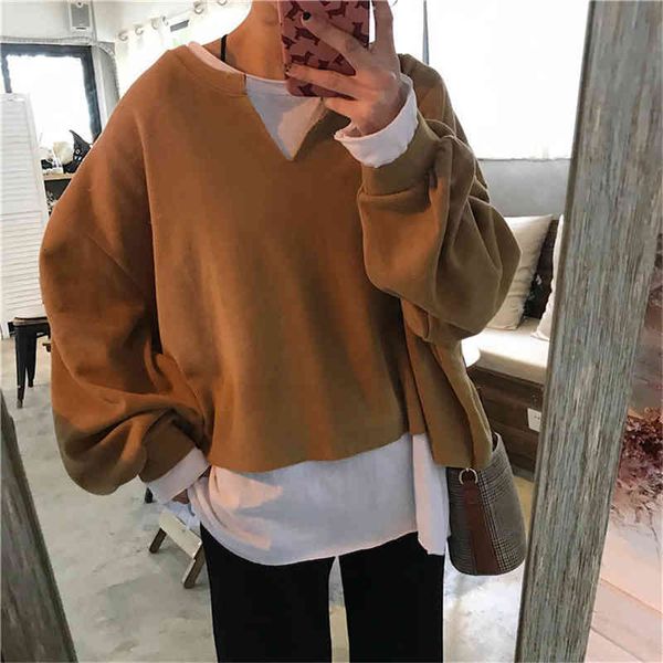 

women hoodie aiiou autumn casual fake two sweatshirt brown loose girl korean pullover ladies long sleeve patchwork clothes, Black