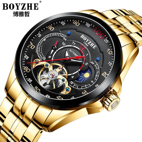 

boyzhe tourb00 swiss craft steel strap waterproof hollow luminous men's mechanical watch, Slivery;brown