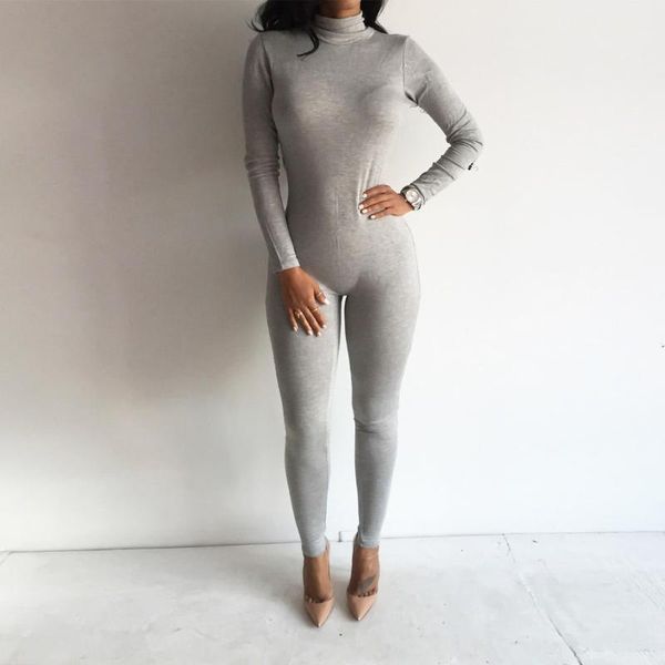 

women's jumpsuits & rompers 2021 casual solid color womens jumpsuit turtleneck long sleeve bodycon cotton grey/black women, Black;white