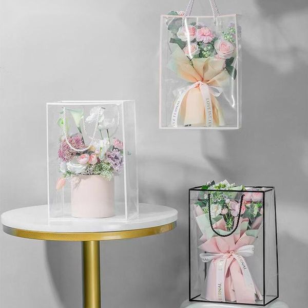 

gift wrap portable flower packaging box handy bag pvc transparent handbag wedding rose party wrapping florist materials