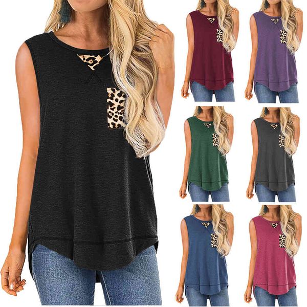 Frauen Tank Tops Casual O Hals Ärmel Leopard Print Patchwork Lose Unregelmäßige Saum Weste Tops Plus Größe Sexy Damen T-shirts 210507