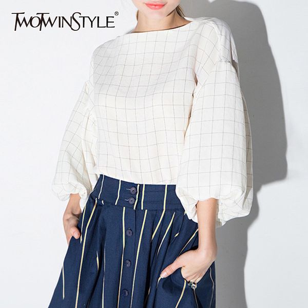 

elegant loose shirt for women o neck long sleeve plaid casual blouse female spring fashion clothing tide new 210428, White