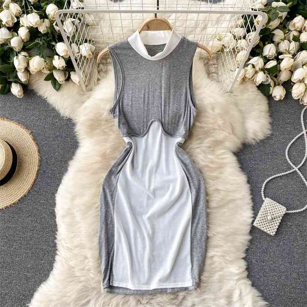 

ins chic women dress color match patchwork slim mini bodycon fashion streetwear stand collar sleeveless summer 210603, Black;gray