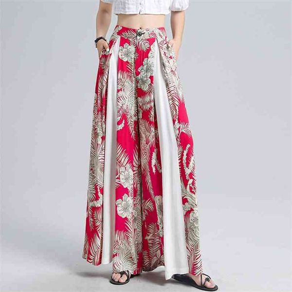 

s-4xl bohemian large size red printed pants women elastic waist irregular wide leg casual long trouser high plus 210601, Black;white