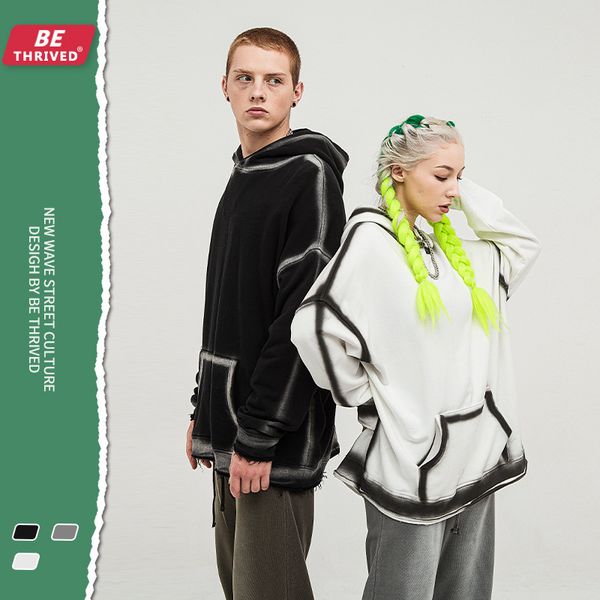 

be men | 2021 autumn and winter bone structure graffiti ink jet hooded coat dark high street brand men's sweater, Black