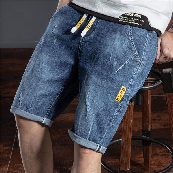 

summer classic style men's lightweight straight denim shorts elastic waist drawstring youth fashion thin ripped jeans, Blue