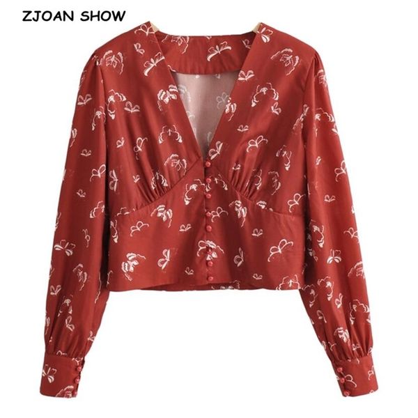 

france retro long puff sleeve floral print shirt red women single-breasted buttons slim waist short blouse girl's 210429, White