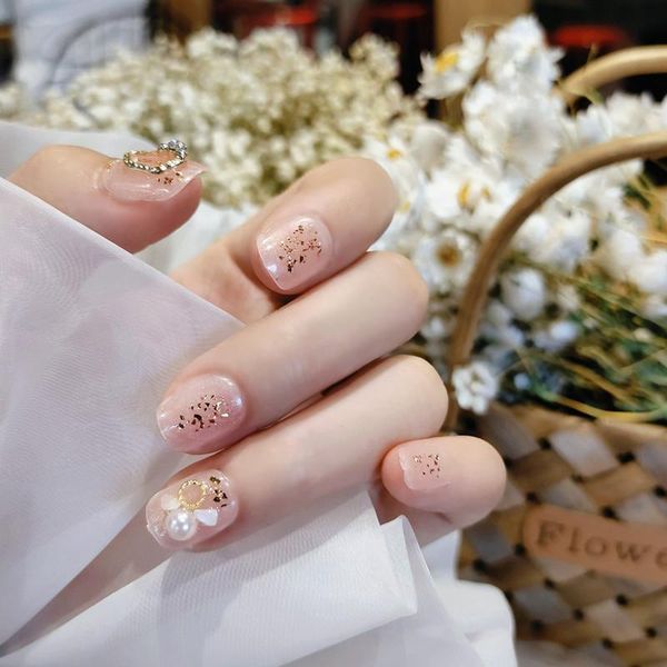 

false nails 24pcs pearl inlaid nail patch glue type removable short paragraph fashion manicure save time, Red;gold