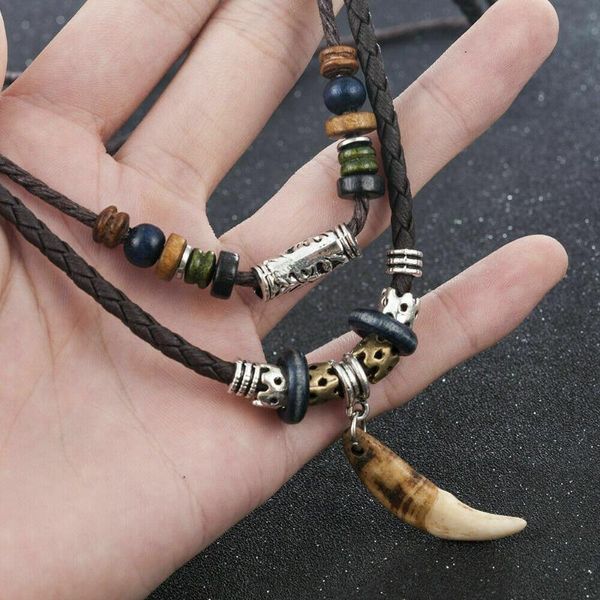 

chokers 2021 men vintage wolf tooth pendant necklace multi-layer leather beaded weaved prayer lucky bohemia jewelry, Golden;silver