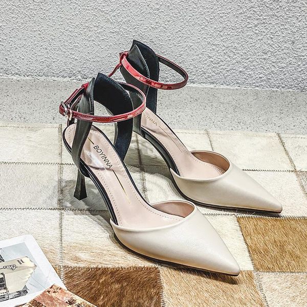 

dress shoes stiletto high heels sandals women pointy toe mixed colors sandalias slingback buckle closed femmes sandales party 2021, Black