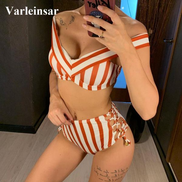 

women's swimwear off shoulder high waist bikini push up swimsuit women two-pieces set striped bather bathing suit v1403 1yzv, White;black