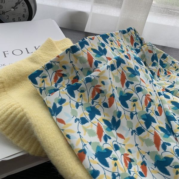 

mia chiffon skirt elastic waist medium length a-line han feng floral print umbrella new style in spring and summer, White