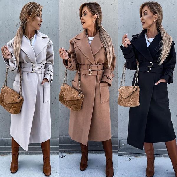 

women's wool & blends novalya winter slim notched coats women fashion solid double belt jackets elegant pockets long female ladies, Black