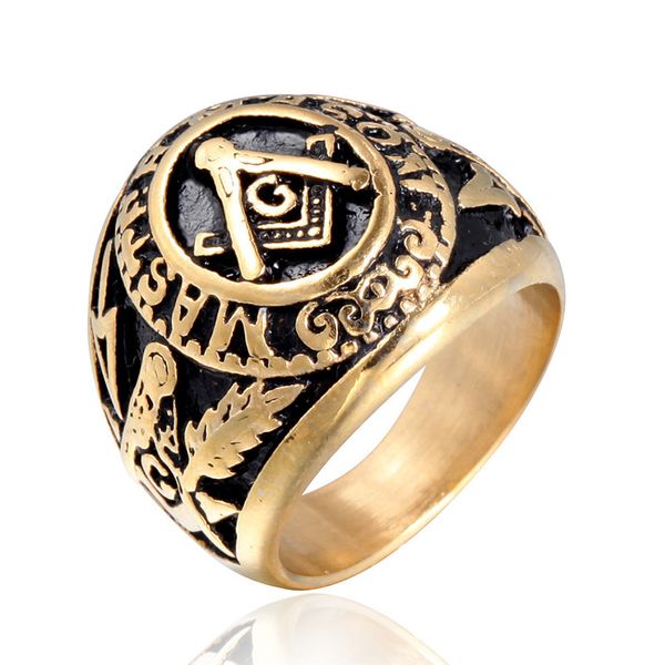 Hochwertiger Ring Schwarz Silber Gold Drei Farben Edelstahl 316 Gothic Vintage Religiöser Meister Freimaurer Siegel Freimaurersymbole Ring für Männer