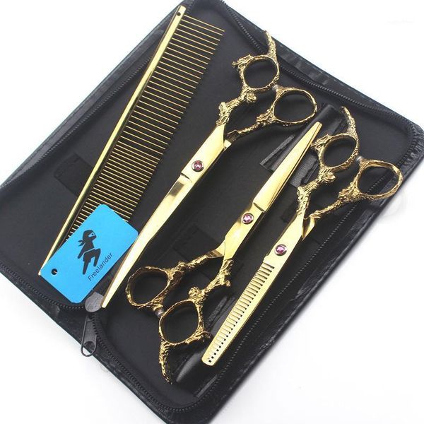 

gold 7 inch japan 440c pet scissors set grooming tools kits professional dog hairdressing shears for haircut puppy cat1