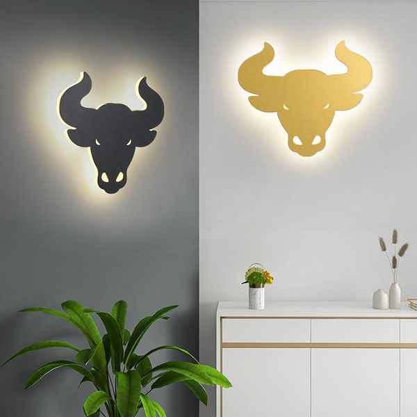 

wall lamp modern minimalist light creative cartoon children bedroom bedside personality aisle black gold bull head arandela