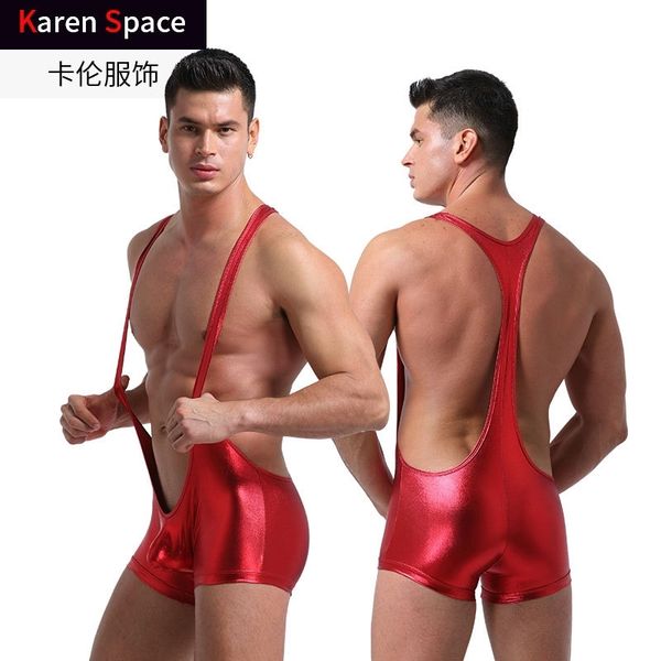 

men's new body shaping imitation patent leather men's boxer underwear, Black;white