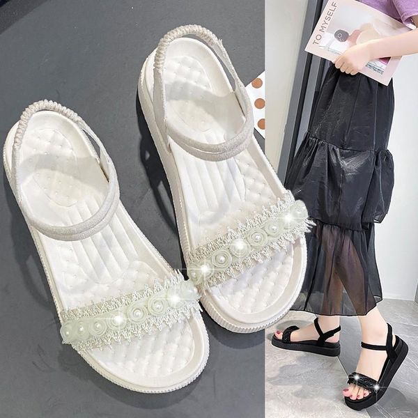 

one word with pearl sandals roman style summer thick bottom flat solid color open toe beach shoes women's x840 dress, Black