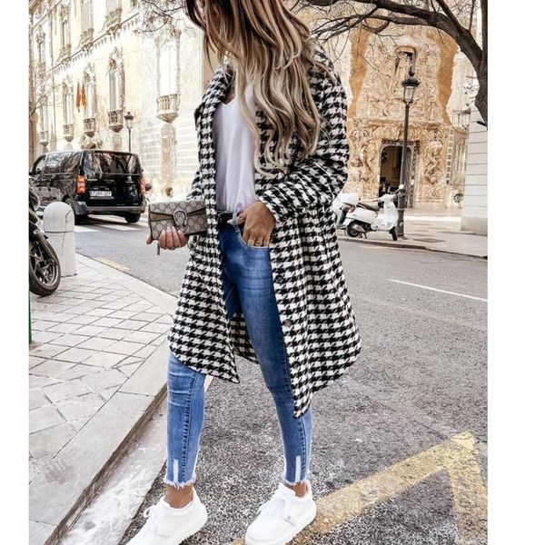 

women's wool & blends autumn winter women woolen coat long houndstooth print 2021 full sleeve button pocket korean fashion casual femme, Black