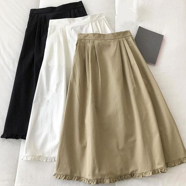 

skirts high waist women summer solid midi lady office casual a-line skirt female fashion vintage spring autumn j173, Black