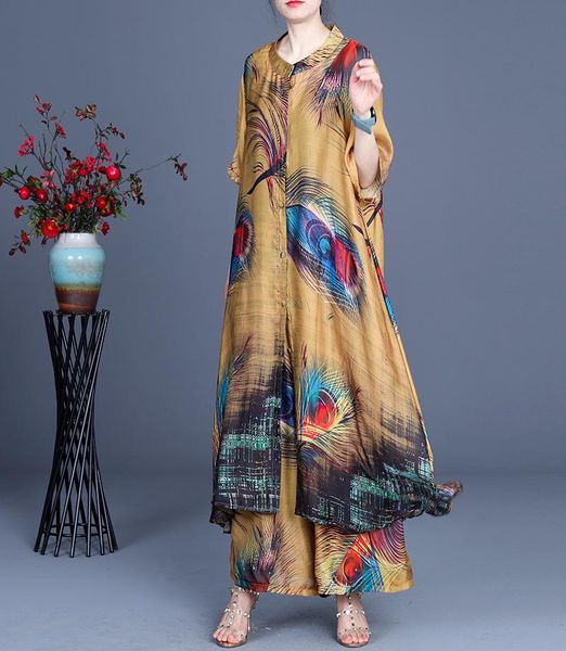 

summer large loose women's tencel print coat + wide leg pants two piece set, White