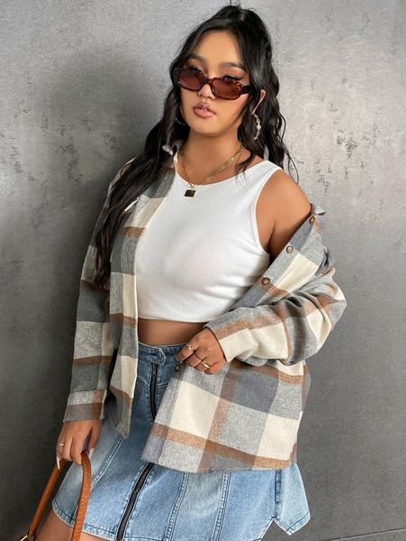 

plus plaid flap pocket drop shoulder jacket 61jz#, Black
