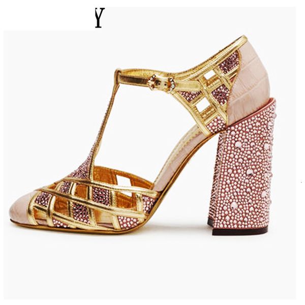 

sandals pink chunky high heels for women round toe bling crystal pumps buckle strap wedding sandals dress party runway shoes ak3n, Black