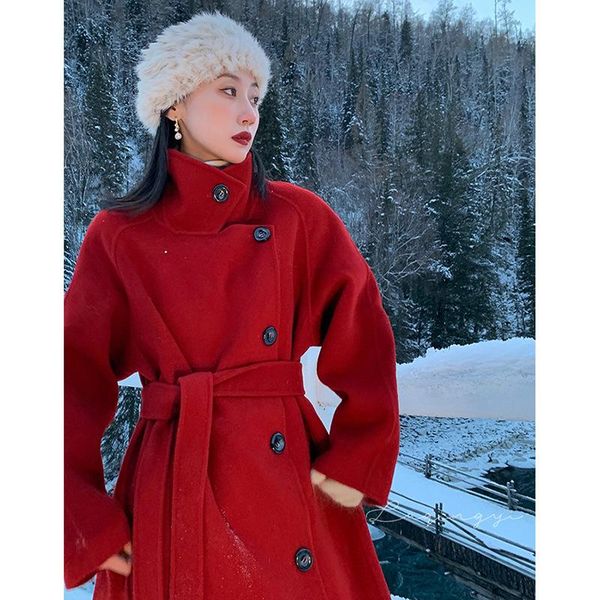 

women's wool & blends mid-length autumn winter warm double-faced cashmere coat red black camel turtleneck outerwear veste femme