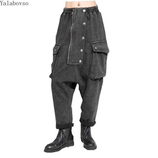 

women's pants & capris 2021 winter zipper fleece harem crotch casual plus size elastic waist streetwear pockets spliced jeans for women, Black;white