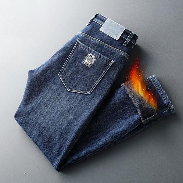 

men's jeans fleece pencil pants fall/winter stretch slim tide brand korean mid-waist small straight legs full length, Blue
